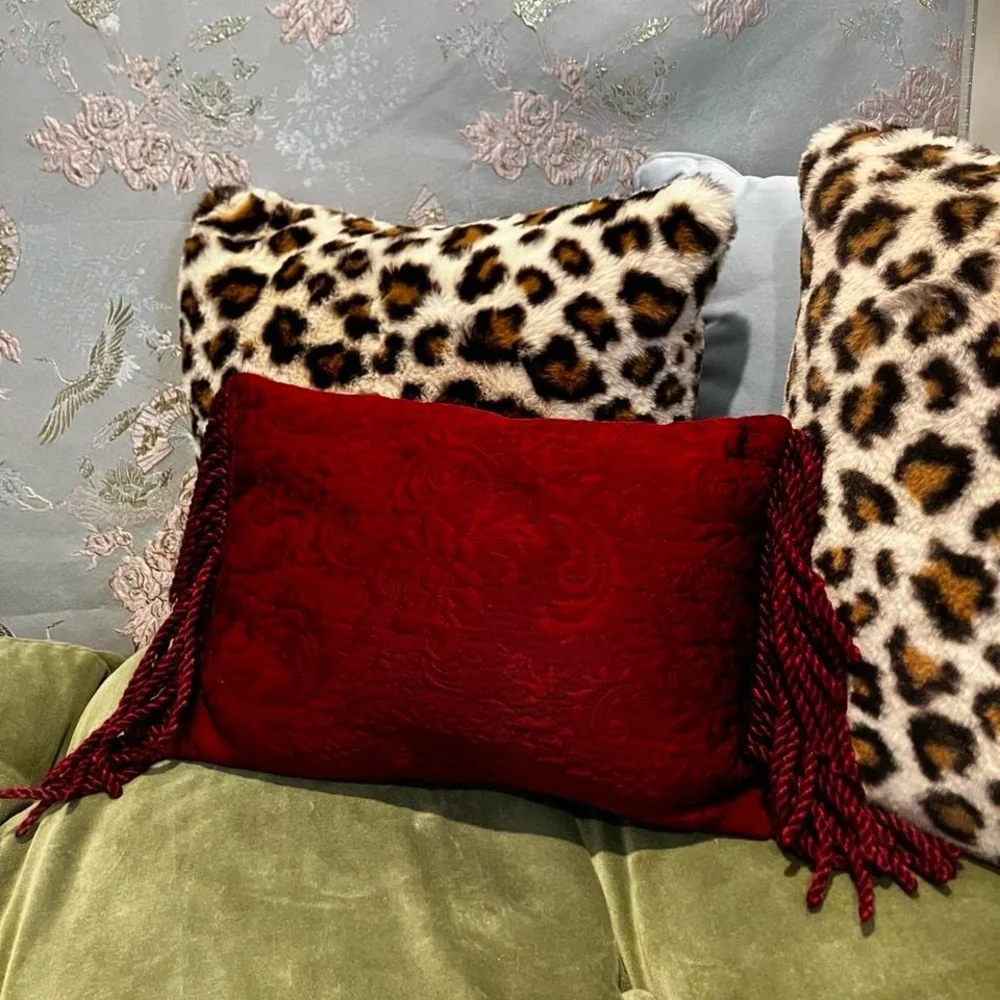 Vintage burgundy Embossed fringe Decorative Throw Pillow with Tassels